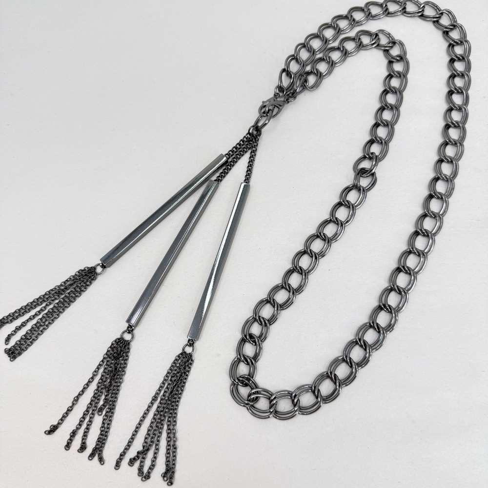 Gunmetal Double Link‎ Long Chain Necklace Geometric Bar Tassel Fringe Chunky